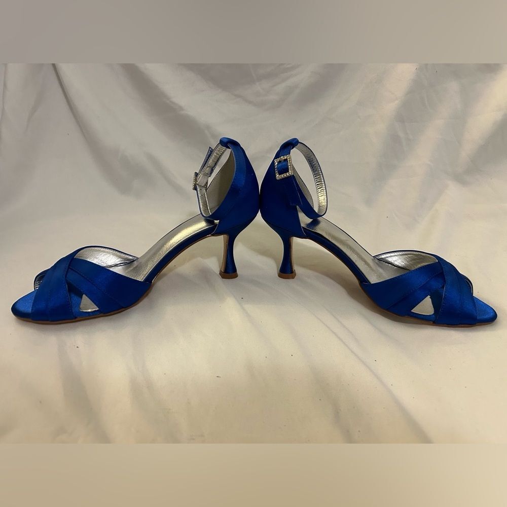 Women Peep Toe Ankle Strap High Heel Bridal Sandals Wedding Blue size 6.5-7 - Picture 4 of 11